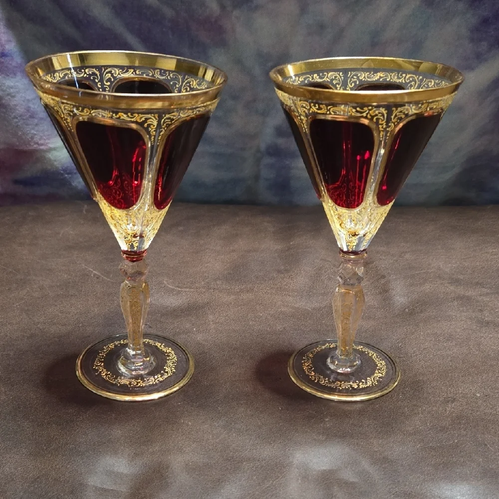 Moser Cabohon Red and Gold Ornate Goblets - Picture 2 of 4